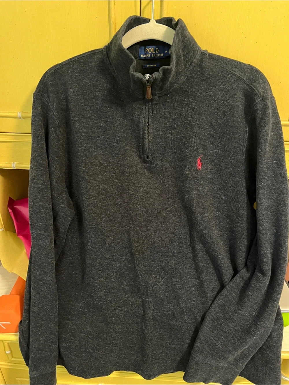 Polo by Ralph Lauren Dark Gray Quarter-Zip Pullover with Pink Pony Mens size Med